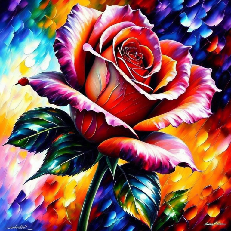 Colorful Rose Painting with Red, Pink, and Yellow Against Mosaic Background