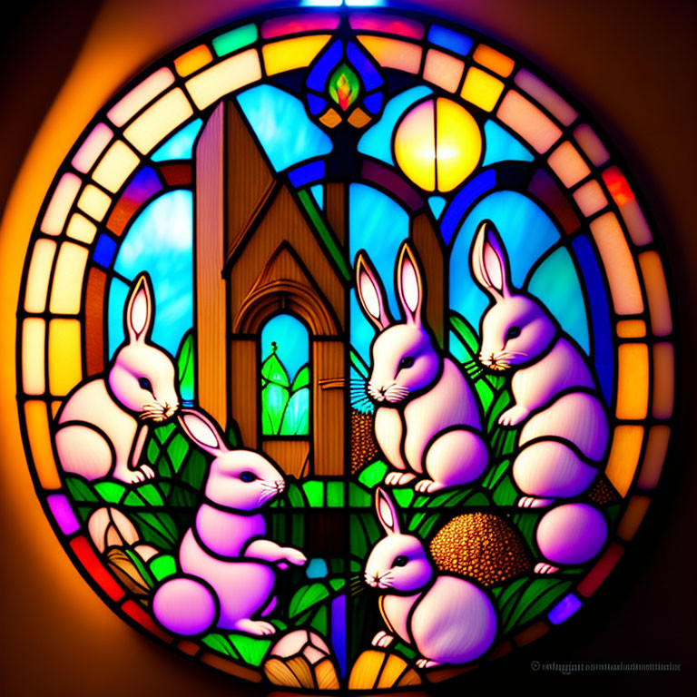 Circular Rabbit Stained Glass Window in Warm Tones