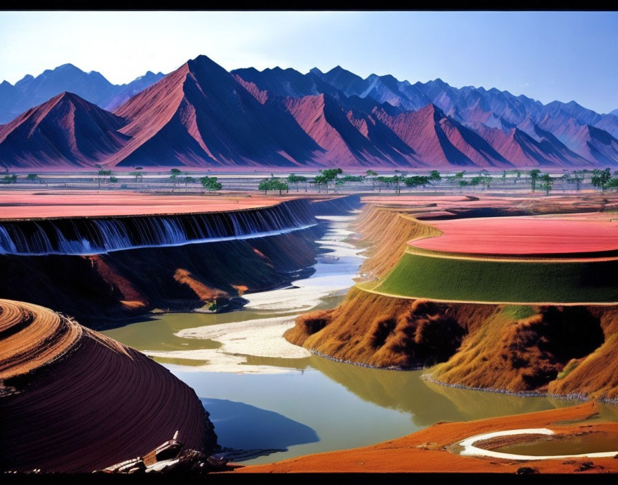 Colorful Terraced Landscape with Serpentine River & Red Mountains