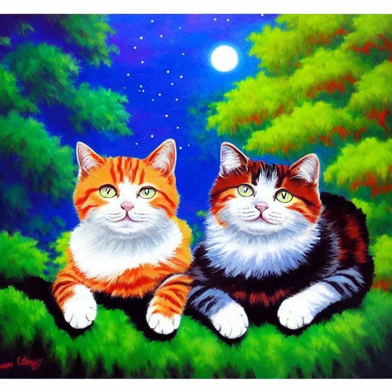 Wide-eyed cartoon cats in grassy area under starry night sky.