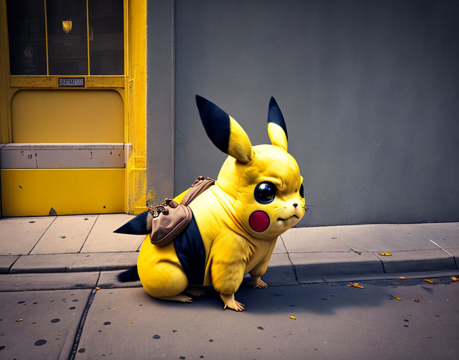 Realistic Pikachu character with brown bag on sidewalk.