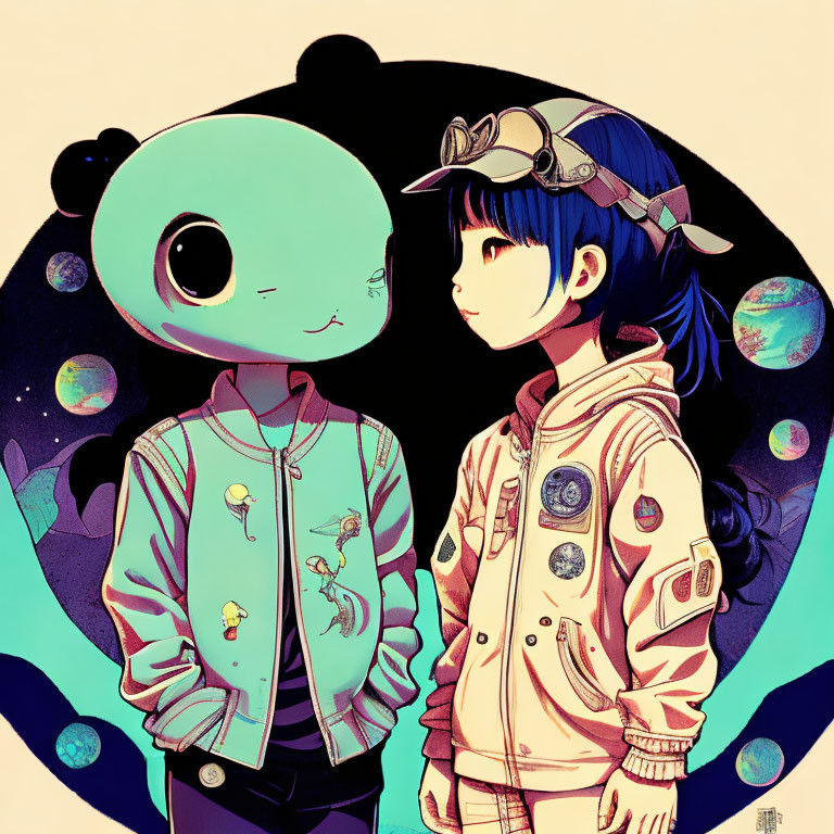 Illustration of girl and alien in space-themed jackets