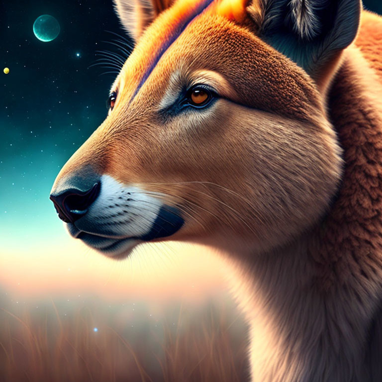 Vibrant digital artwork: Fox under starry night sky