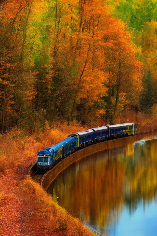 Train Curving Along Lakeside Track in Autumn Foliage