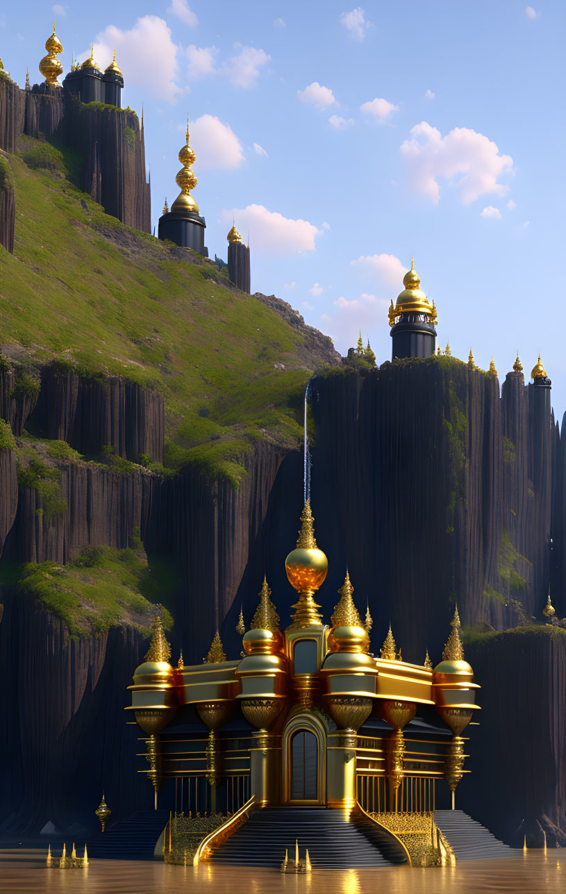 Golden fantasy palace with ornate towers by towering cliffs and still waters