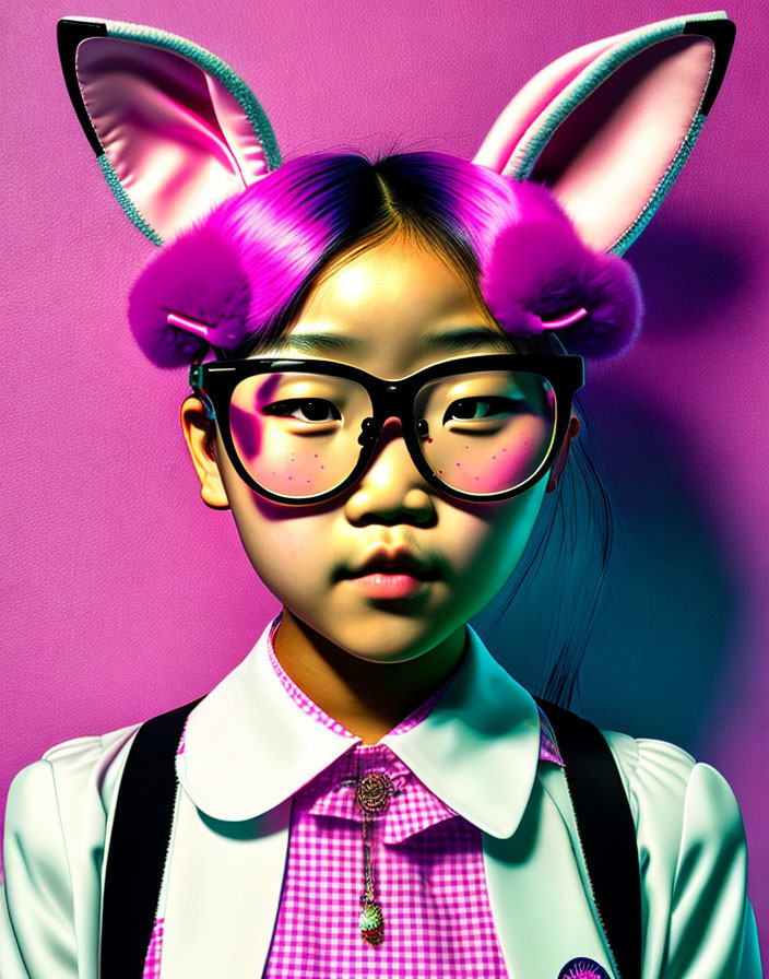 Girl with Bunny Ears and Purple Hair on Pink Background