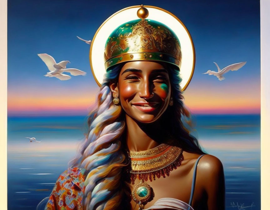 Smiling woman in colorful turban with sunset seascape