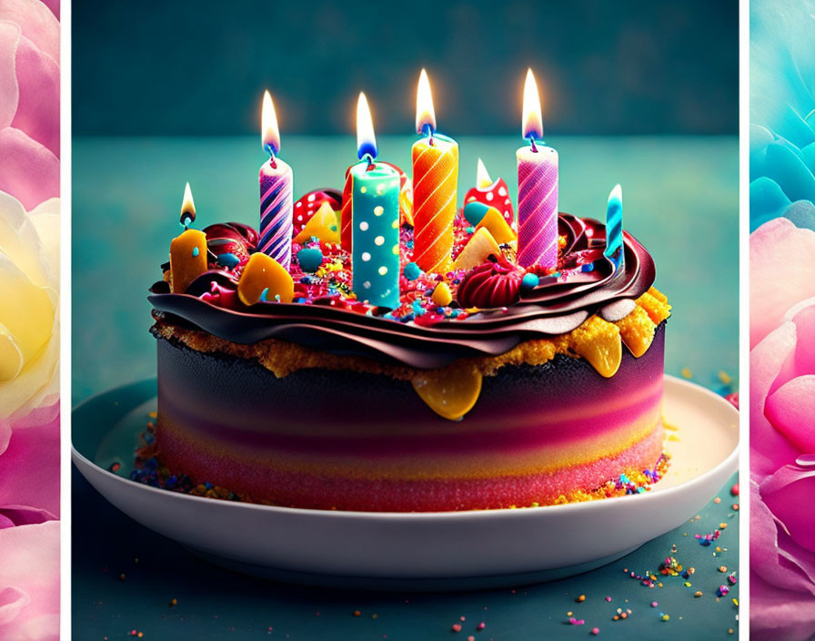 Colorful Birthday Cake with Lit Candles and Chocolate Icing