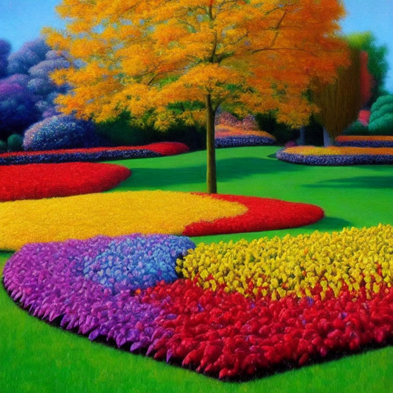 Colorful Flower Garden Painting with Autumn Tree