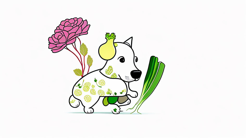 Illustration of stylized dog with garlic, pea pods, and leek deco.