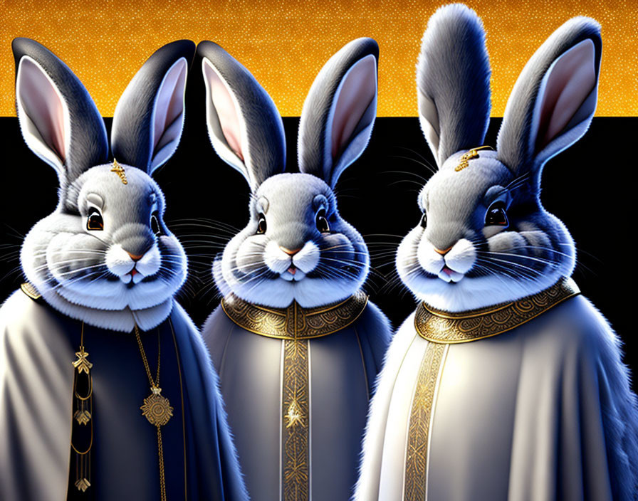 Regal medieval cartoon rabbits on starry night background