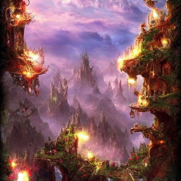 Fantastical landscape with glowing lights and ornate structures at twilight