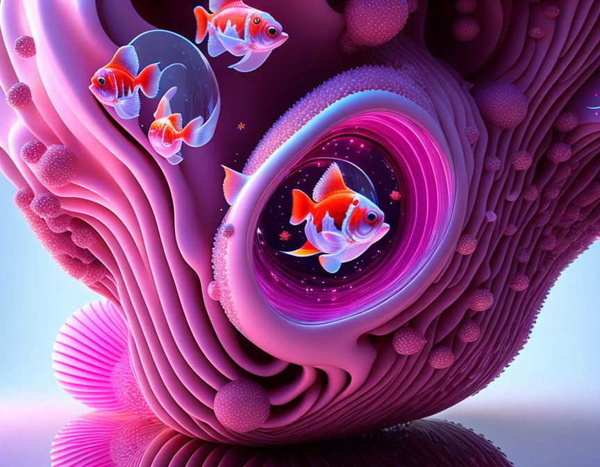 Vibrant goldfish in surreal digital art with pink and purple patterns