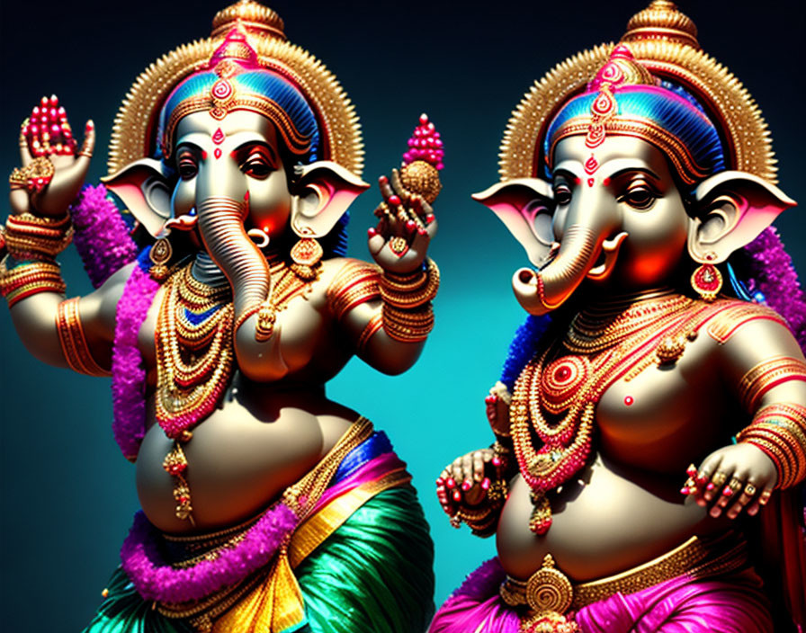 Colorful Hindu deity Ganesha statues on dark blue background