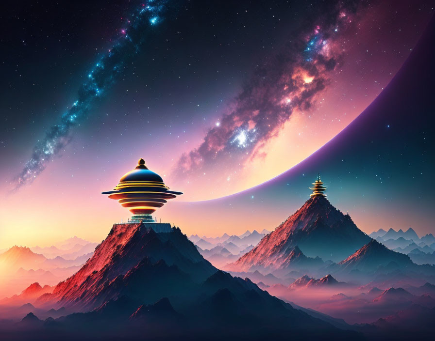 Futuristic sci-fi landscape with mountains, starry sky, building, spacecraft, and rising planet