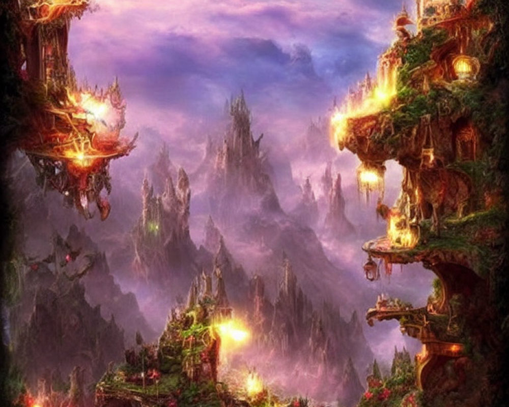 Fantastical landscape with glowing lights and ornate structures at twilight