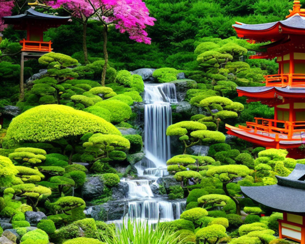 Colorful garden with waterfall, greenery, purple tree, and red pagoda