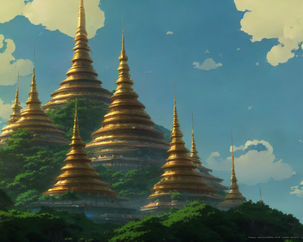 Golden pagodas in serene landscape with lush greenery and cloudy sky