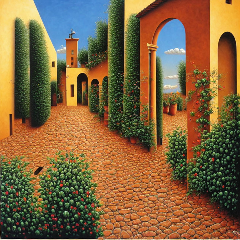 Cobblestone courtyard with green hedges, potted plants, orange walls, blue sky.