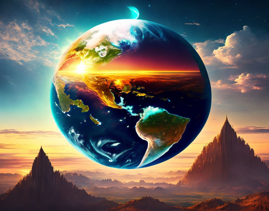 Surreal oversized Earth with vibrant sunrise and rocky spires