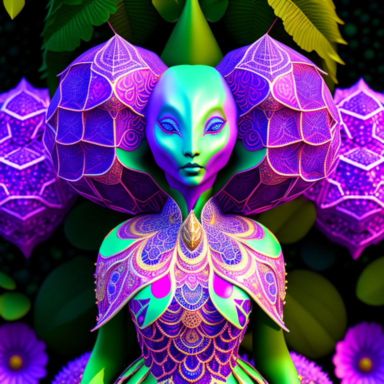 Green-skinned alien with purple patterns in digital artwork