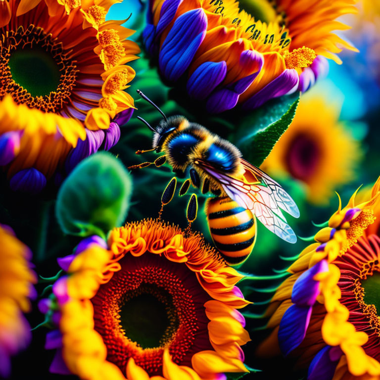 Close-up: Bee pollinating sunflowers in vibrant colors