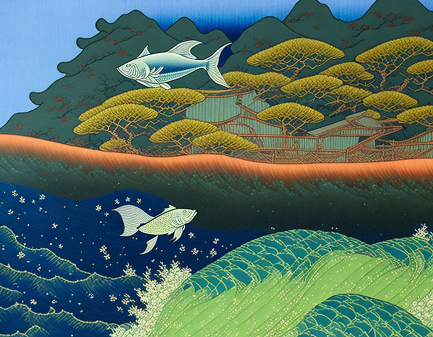 Stylized artwork: Two fish above rolling waves, green hills, trees, blue sky