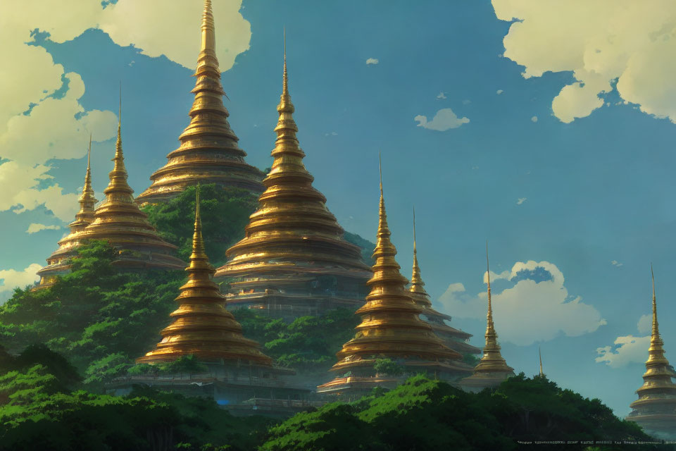 Golden pagodas in serene landscape with lush greenery and cloudy sky