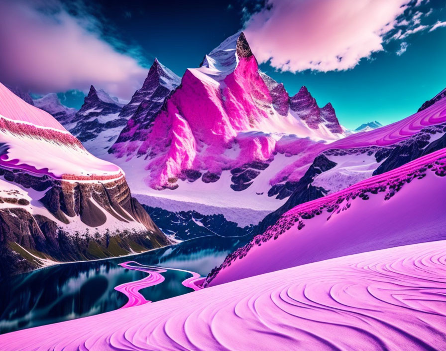 Vibrant pink and purple surreal landscape with snow-covered mountains and meandering river