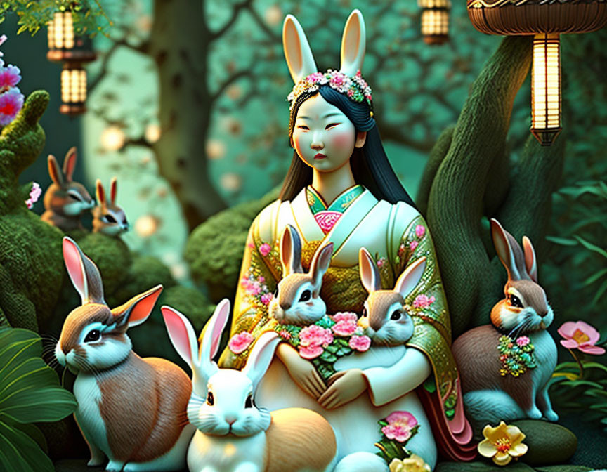 Illustrated woman with rabbit ears in lush forest with rabbits, lanterns, and flowers