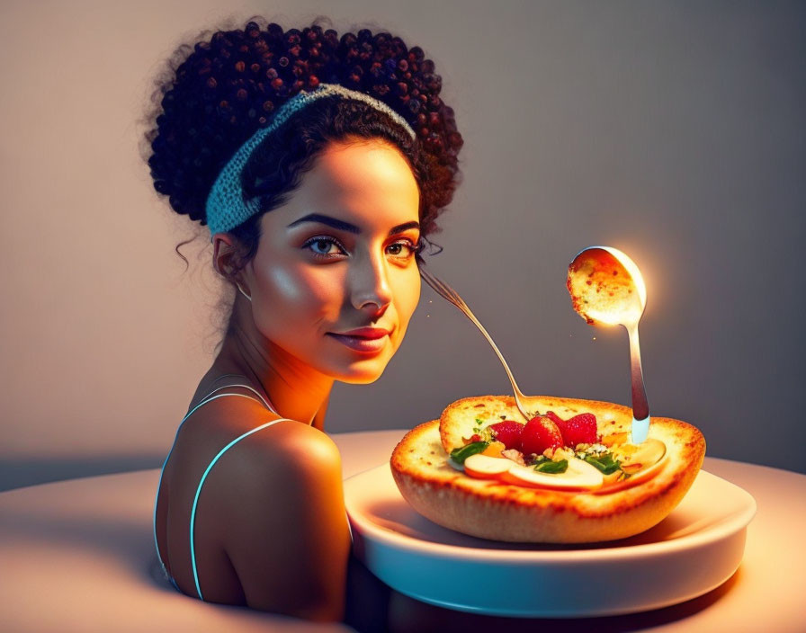 Woman holding spoon with cheese above soup bowl in warm light