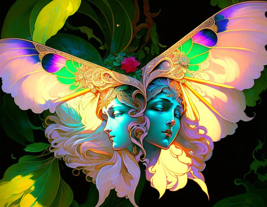 Symmetrical faces with butterfly wings and headpieces in digital art