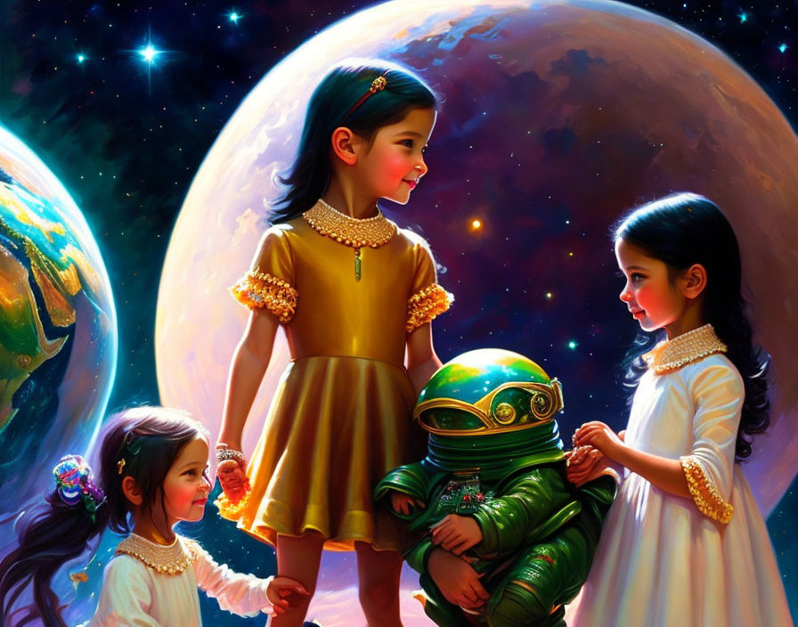 Three girls in golden dresses with a green cartoon robot in a vibrant space setting.