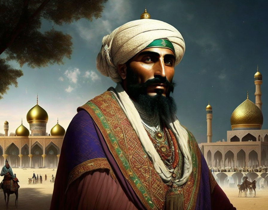 Regal man in historical attire with turban in Middle Eastern town setting