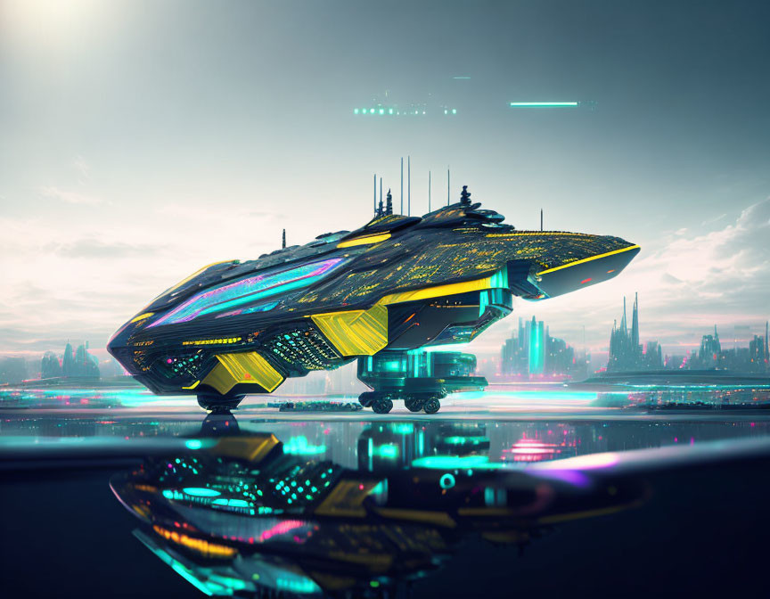 Futuristic spaceship landing on glossy surface with cyberpunk cityscape