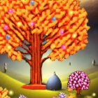 Colorful painting of fiery orange tree with lanterns, lush landscape, and pinkish tree