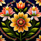 Vibrant lotus flower art on dark background with ornate border