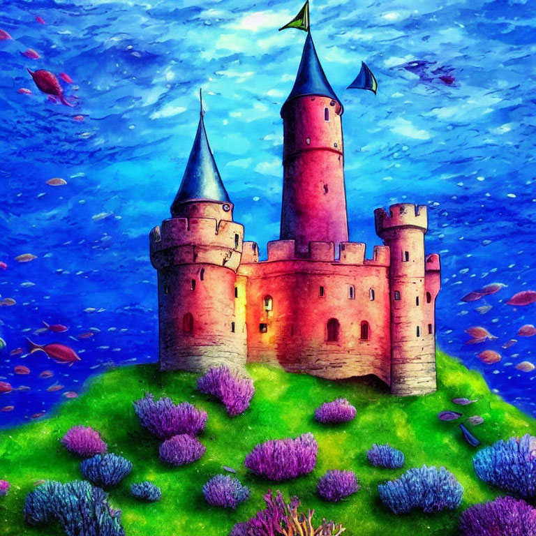 Vibrant whimsical castle with tall spires on grassy knoll under starry sky and