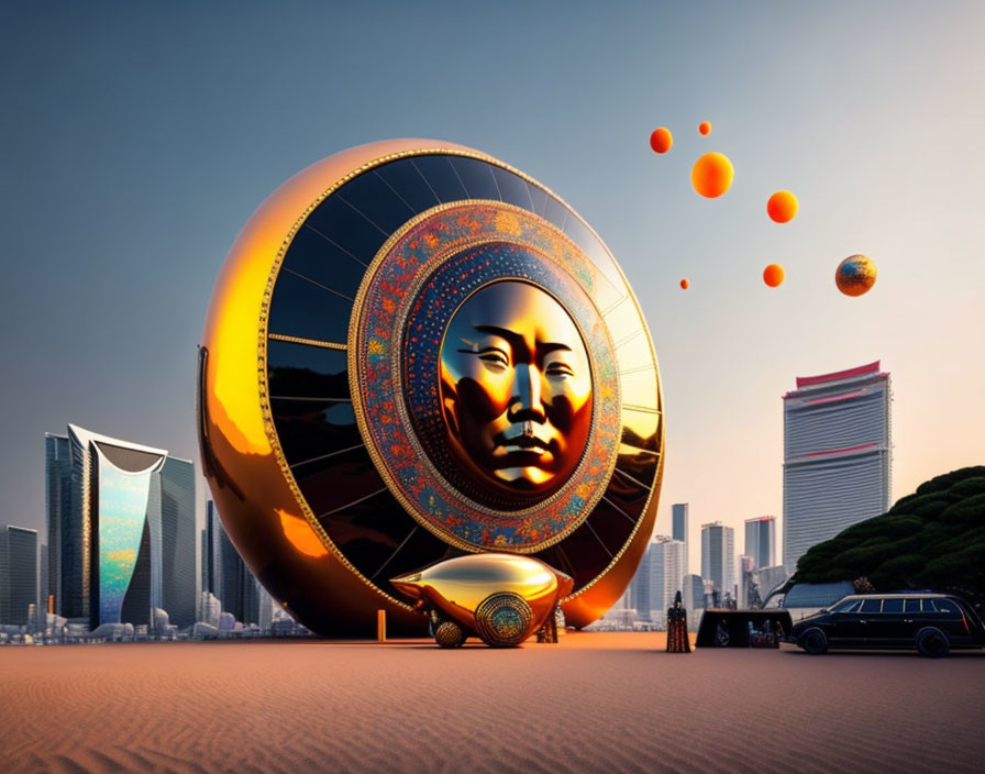 Ornate face design sphere above desert cityscape at sunset