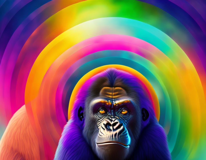 Colorful Gorilla Portrait Against Rainbow Background