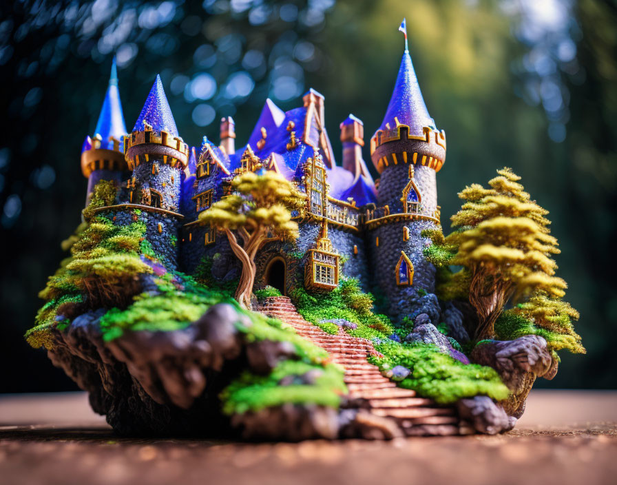 Miniature fairytale castle with blue roofs on rocky base and brick walkway