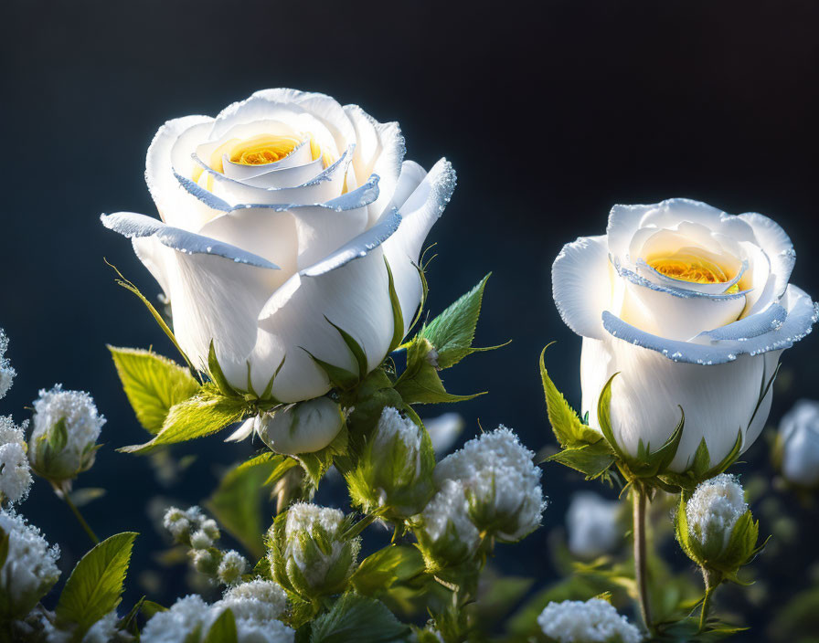 White roses with yellow centers and frost edges on dark background with white blossoms.