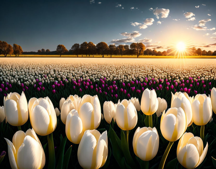 Colorful Sunset Scene: White and Purple Tulip Field with Golden Sky