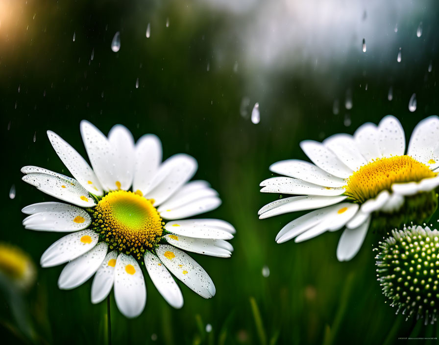 Macro shot of dew-covered daisies with falling raindrops on green backdrop