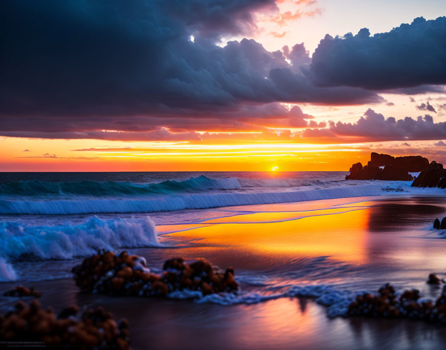 Vivid Orange and Blue Sunset Beach Scene