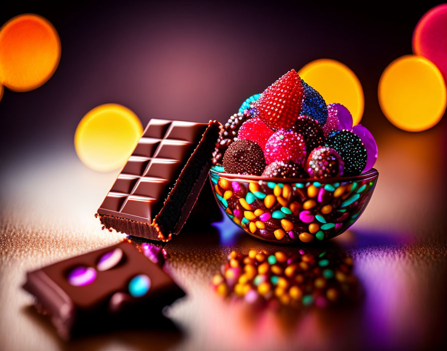 Colorful candies and chocolate pieces on reflective surface with bokeh lights