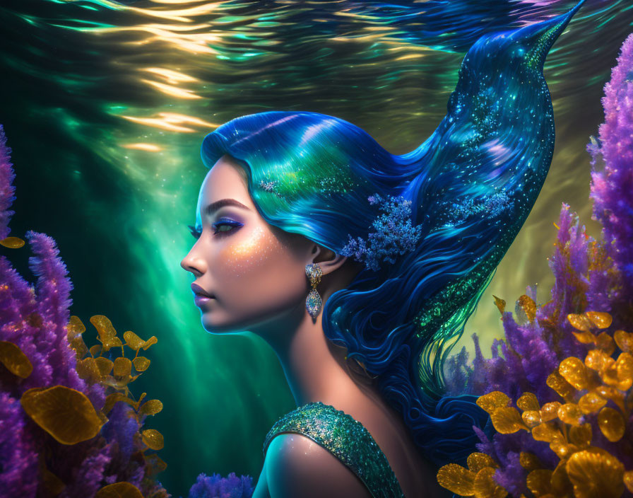 Mermaid digital art: Blue-haired mermaid in vibrant underwater coral scene