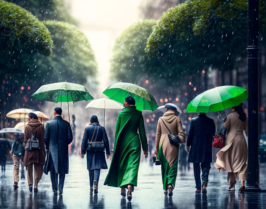 Pedestrians with green umbrellas in rainy city scene