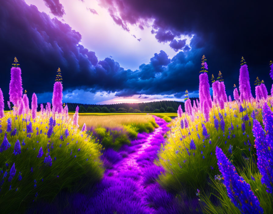 Purple Path with Lavender Flowers Under Dramatic Sky