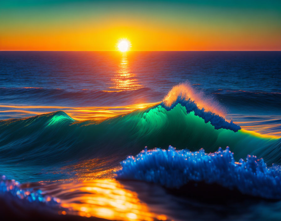 Colorful ocean sunset with shimmering wave crest under fiery sky